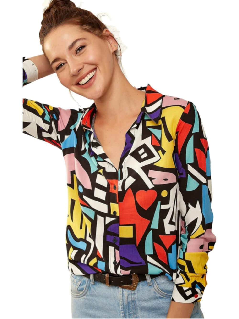 Big Dart Retro Pop-Art Geometric Graffiti Print Y2K/80s/90s Button-down Top S